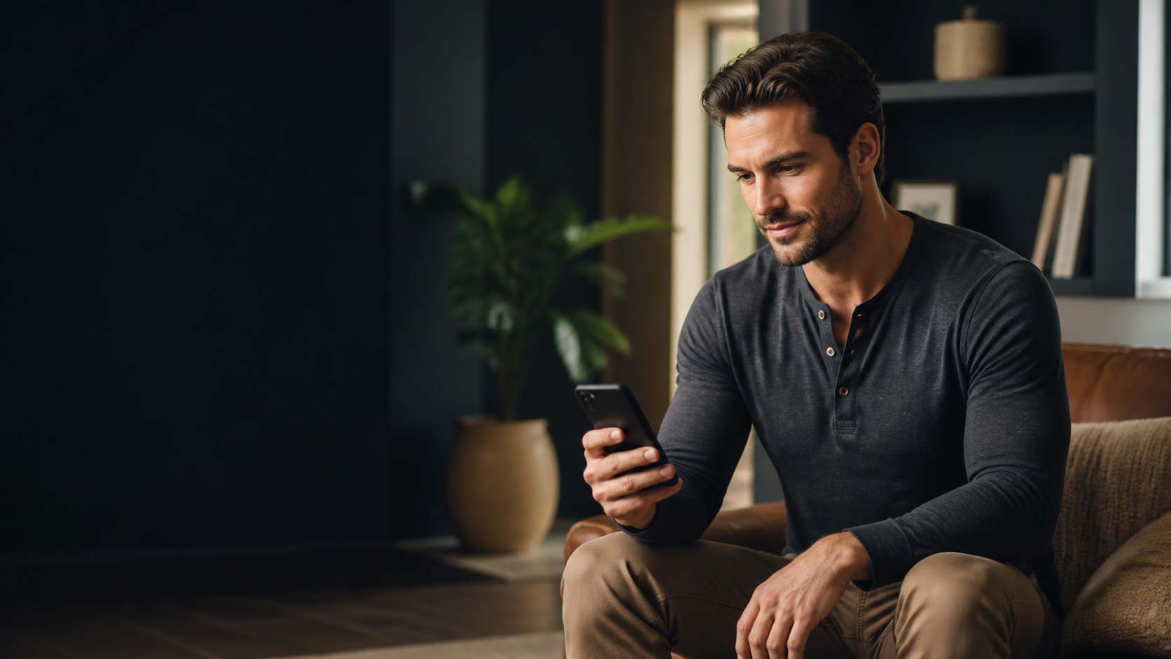 Man privately considering a telehealth consultation from home